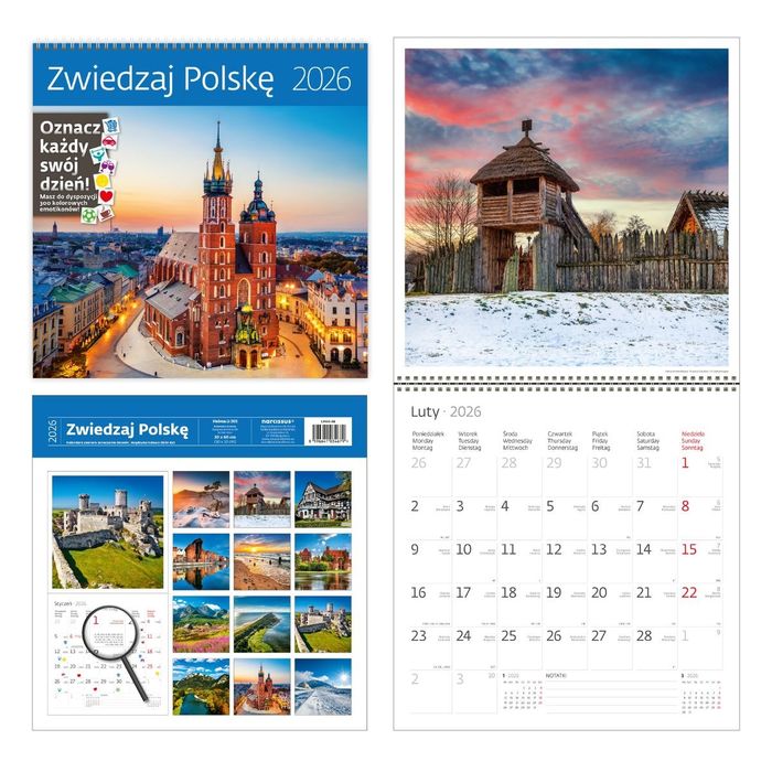 Kalendarz 2026 Zwiedzaj Polskę z naklejkami Helma