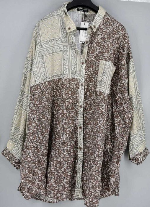 Dłuższa koszula oversize Boohoo – brązowo-beżowy nadruk,  bawełna, 44