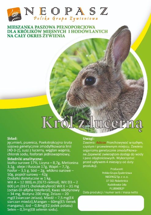 Pasza karma dla Królików króliki 25kg Producent