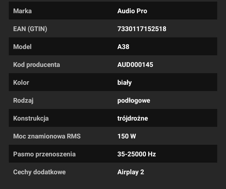 Głośniki(2sztuki) Wi-Fi Audio Pro A38 Iphone airplay białe.