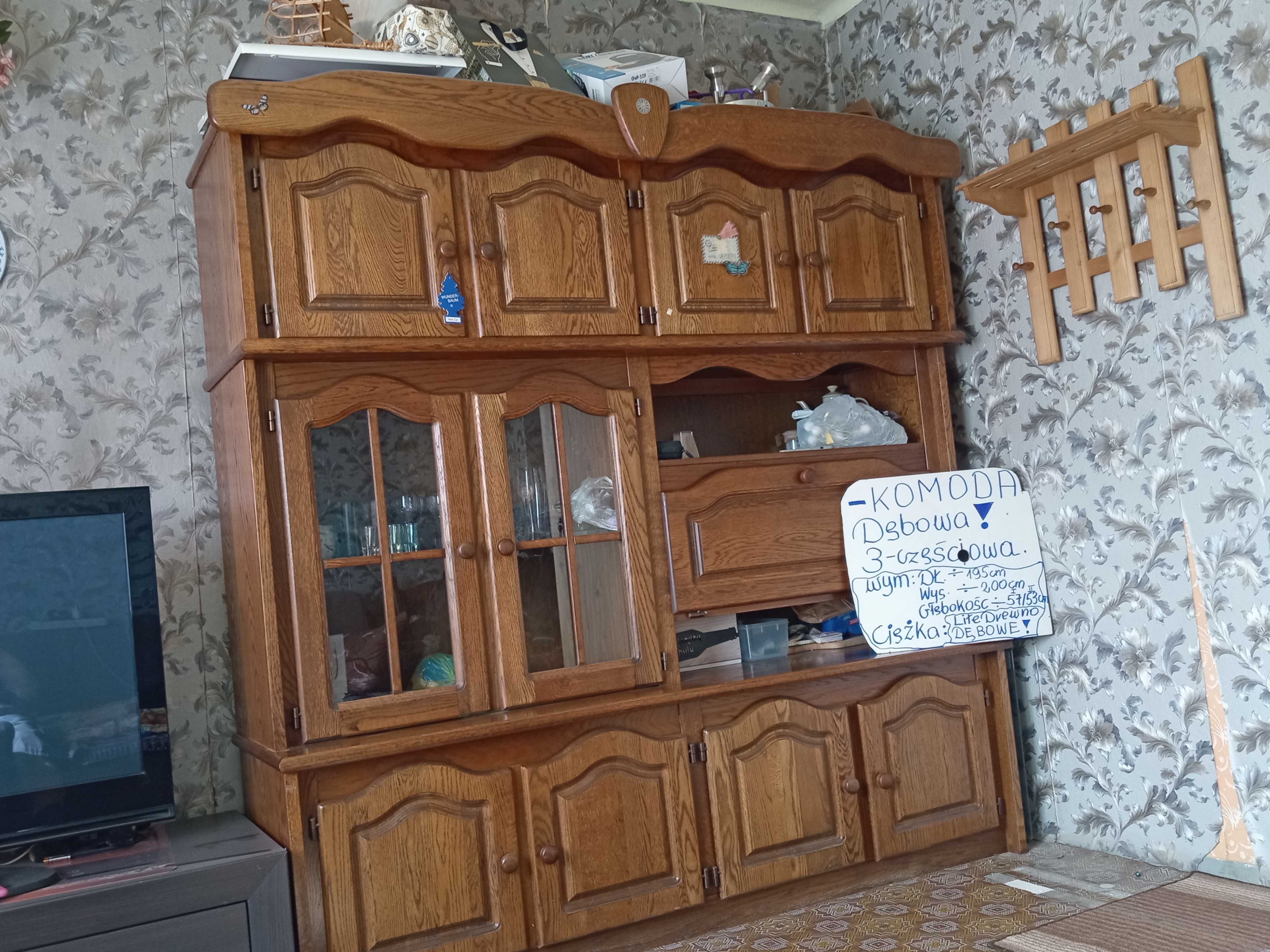 KOMODA DĘBOWA z 3-części. po poziomie  Częsciowo Oszklona bdb. Stan