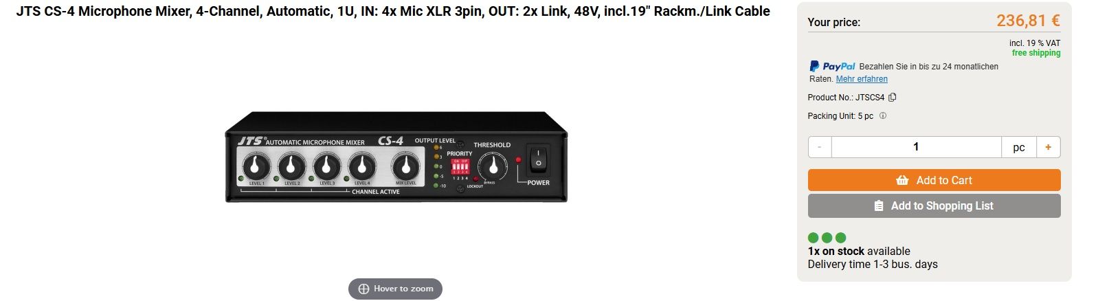 JTS CS-4 Automatic Microfone Mixer 4 inputs