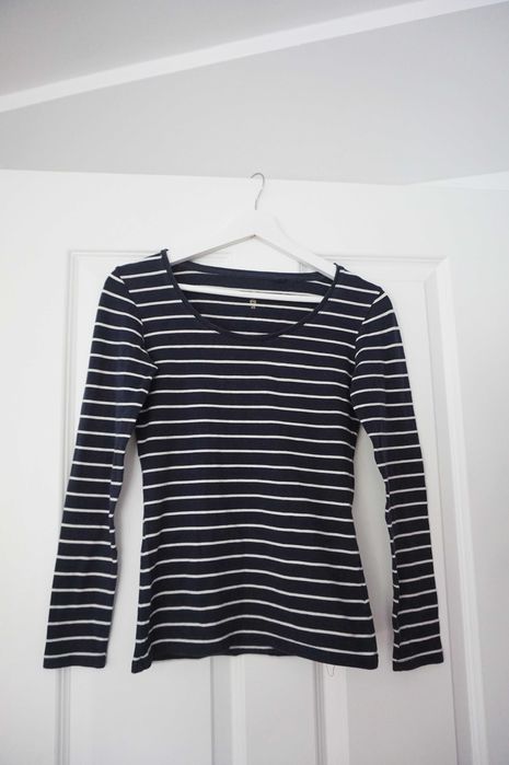 XS 34 C&A granatowa bluzka top w białe paski basic 95% bawełna