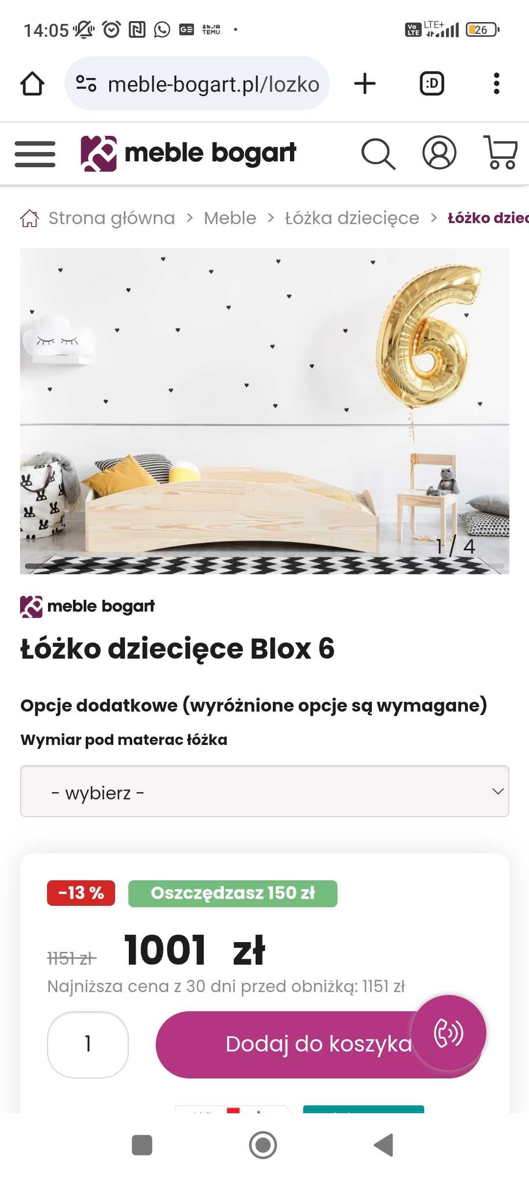 Łóżko dziecięce podłogowe BLOX 6 meble Bogart z materacem