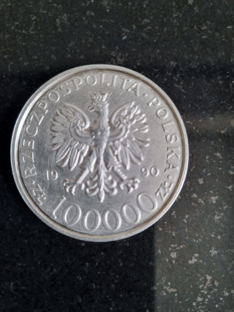 Srebrna moneta 100000 zł. Solidarność z 1990 TYP A PRL