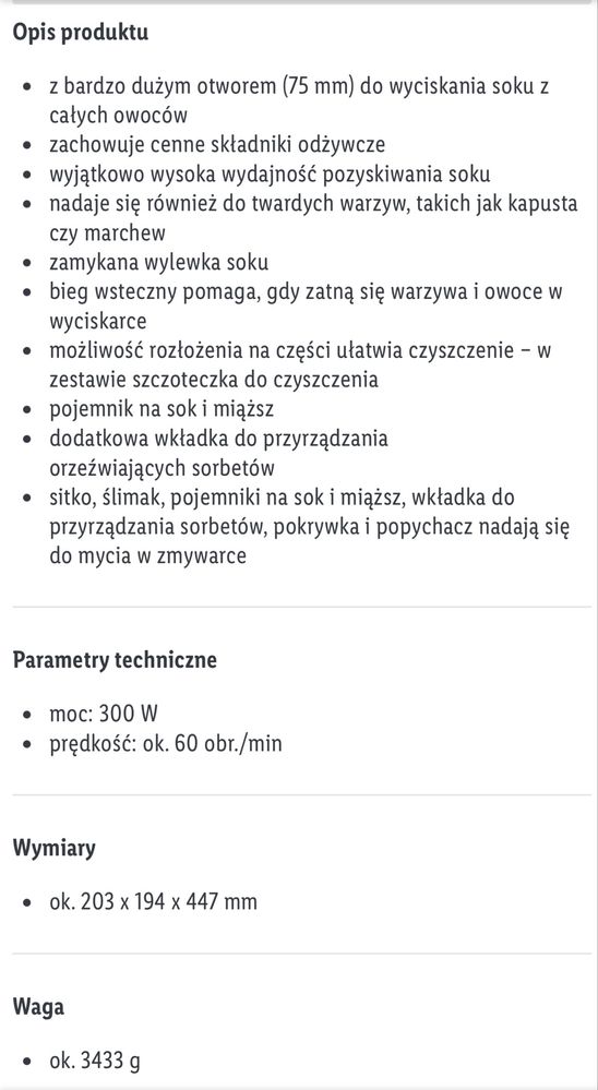 Wyciskarka wolnoobrotowa Silver Crest (Lidl)