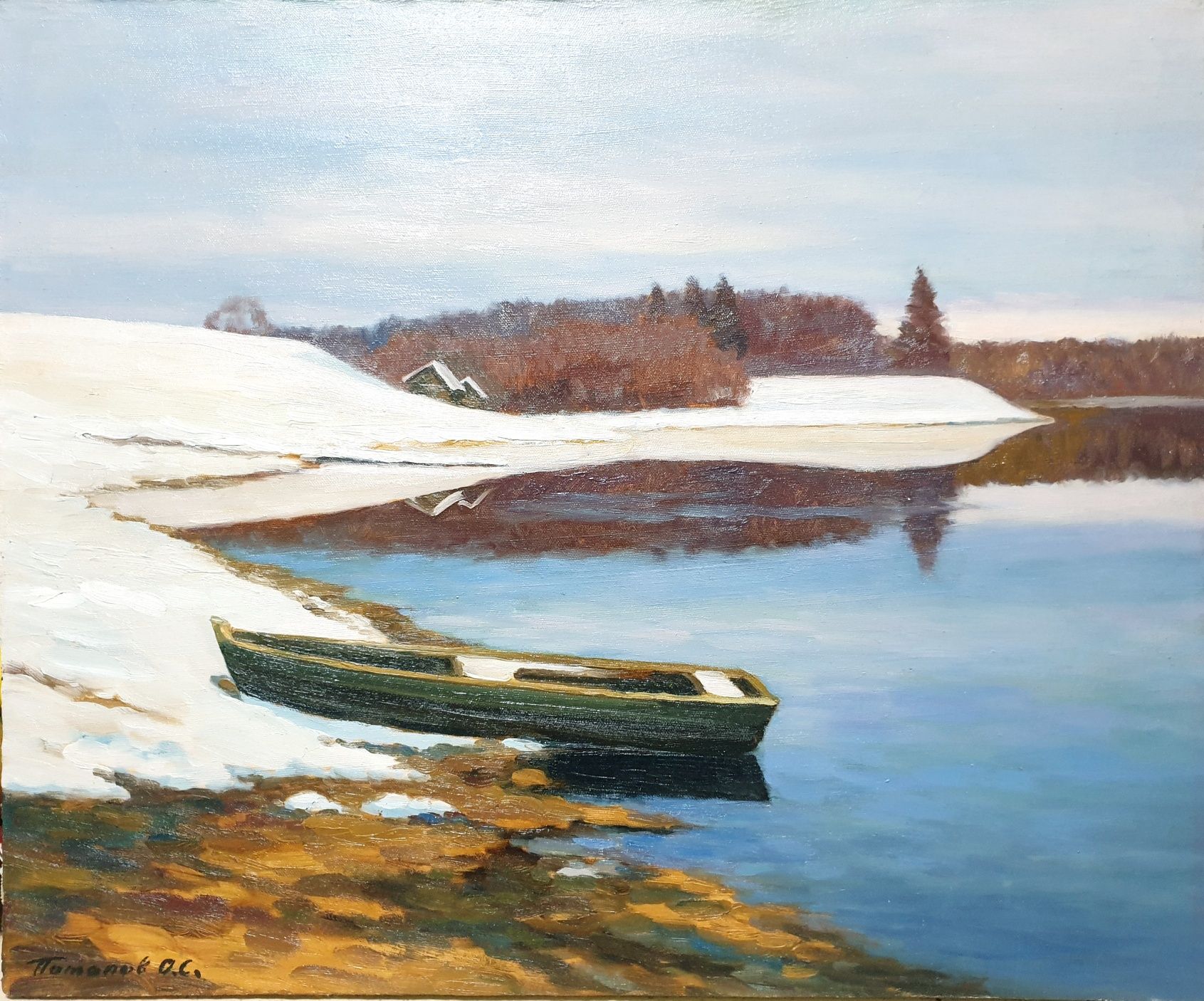 Pintura paisagística fluvial em óleo sobre tela - assinada