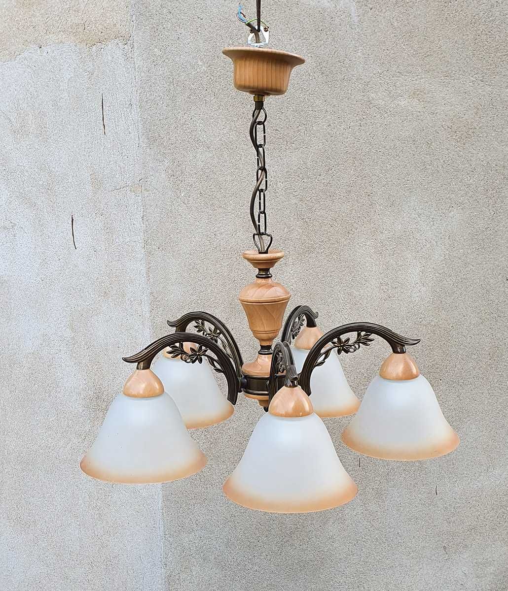 Lampa sufitowa metalowo - drewnniania,  5 kloszy