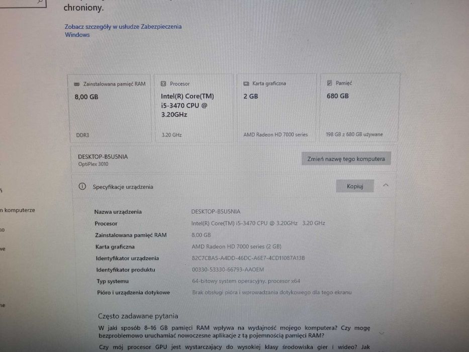 Komputer Dell Optiplex 3010 i5-3470/RAM 8GB/ dysk SSD 256GB + HDD