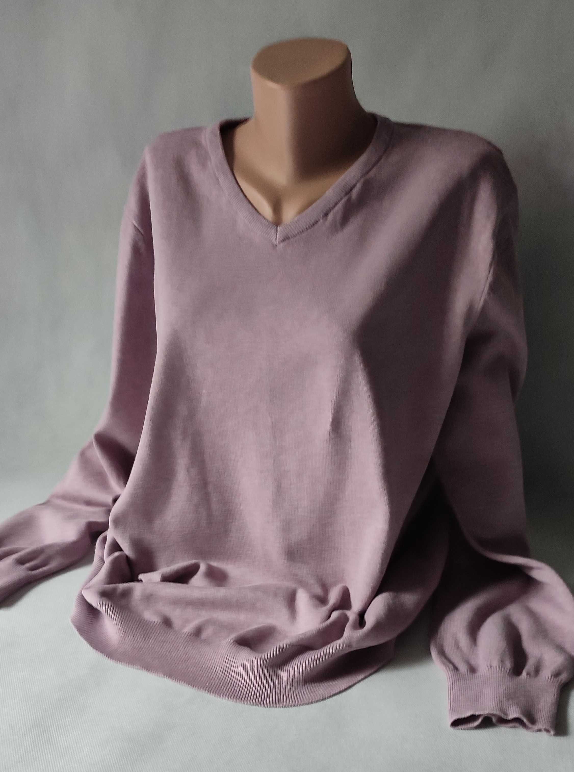 Bawełniany liliowy sweter dekolt V z długim rękawem XL 100% bawełna