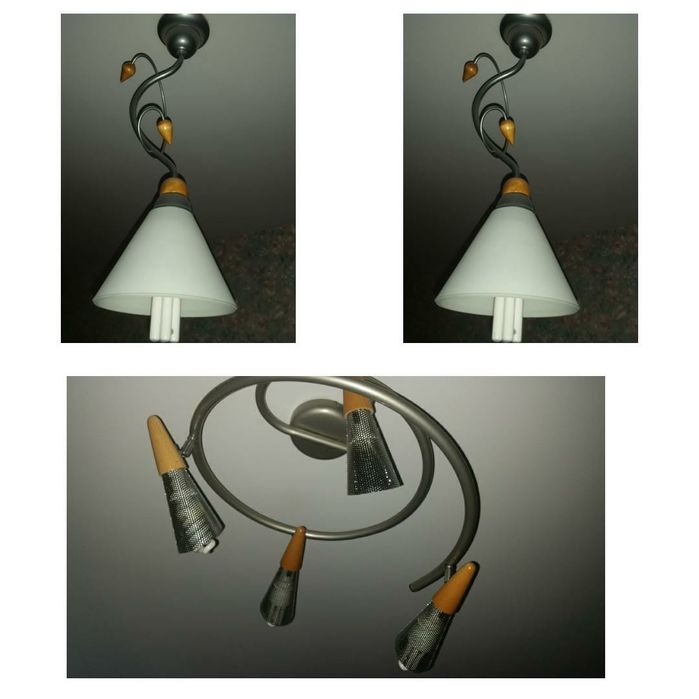 Żyrandole szklane i metal łączony z drewnem