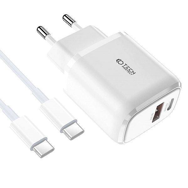 Tech-protect C20w 2-port Network Charger Pd20w/qc3.0 + Type-c Cable Wh