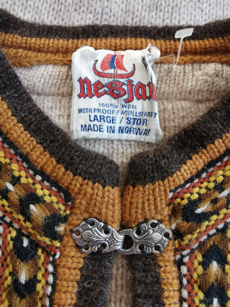 Sweter kardigan rozpinany wełniany norweski etno beżowy L