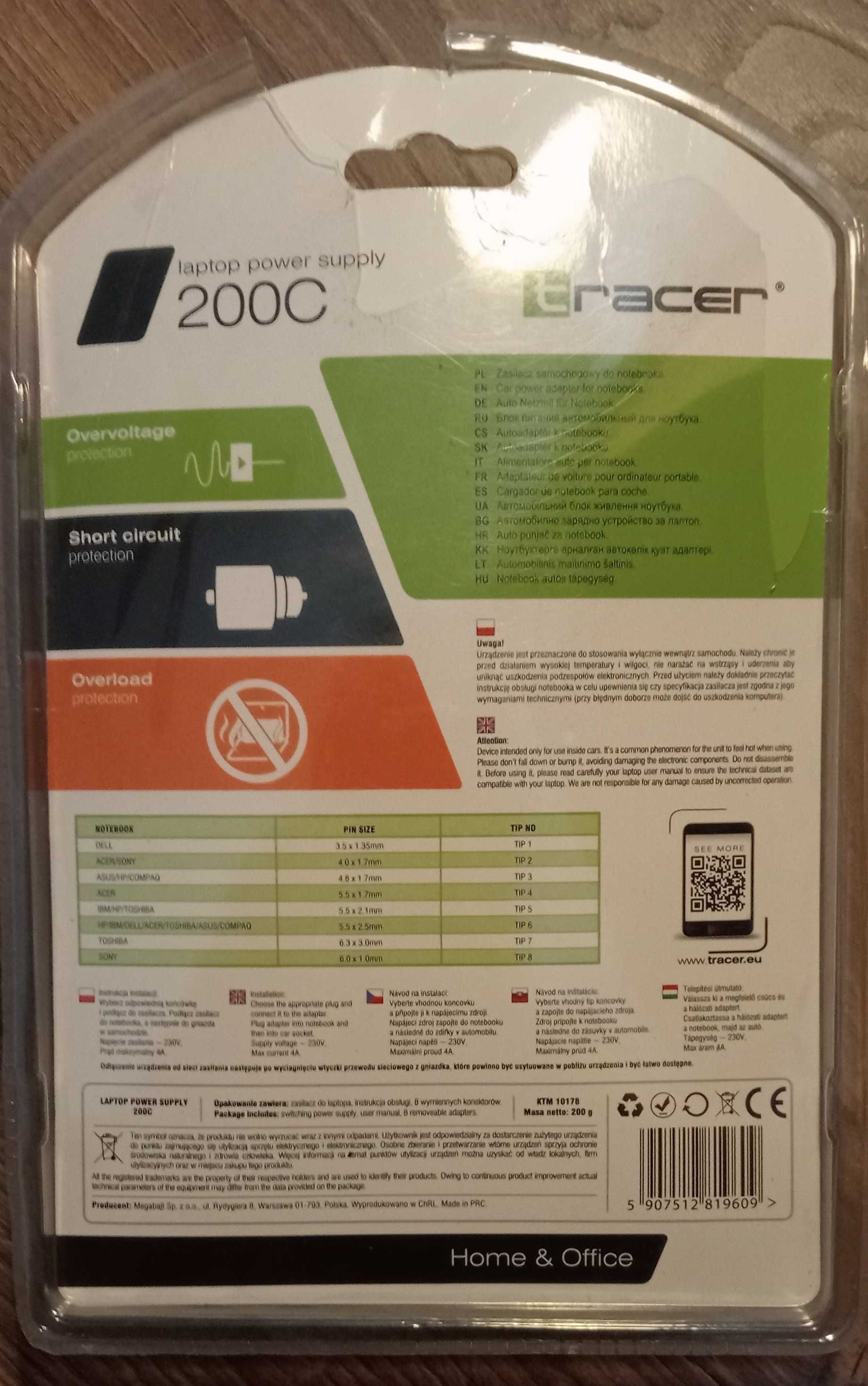 Tracer 200C zasilacz samochodowy do laptopow – 8 roznych wejsc!