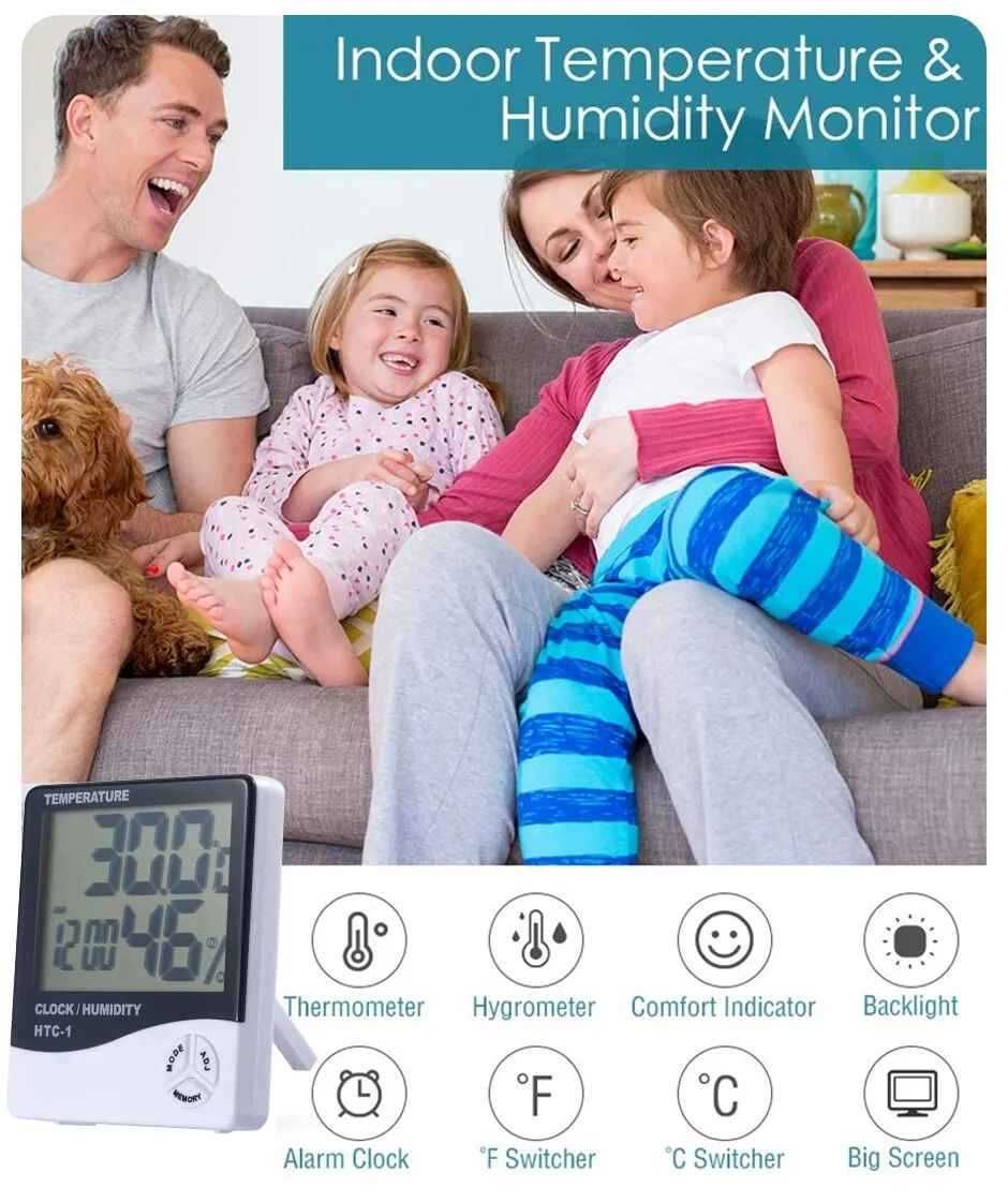 Medidor Digital Humidade, Temperatura e Relógio Higrómetro Termómetro