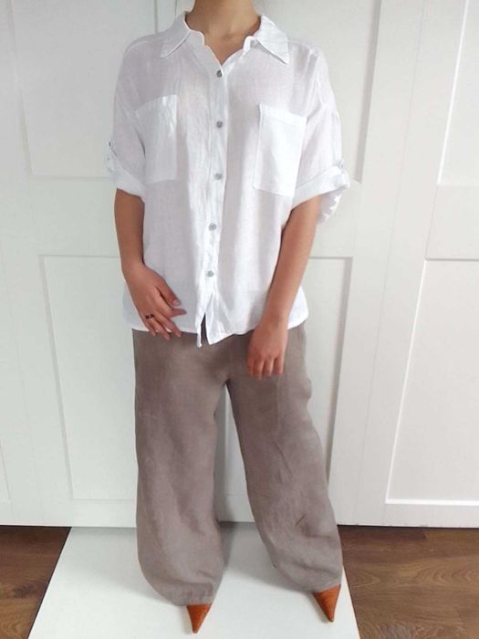 Nowa lniana biała koszula bluzka 100% len puro lino S M L uniwersalna