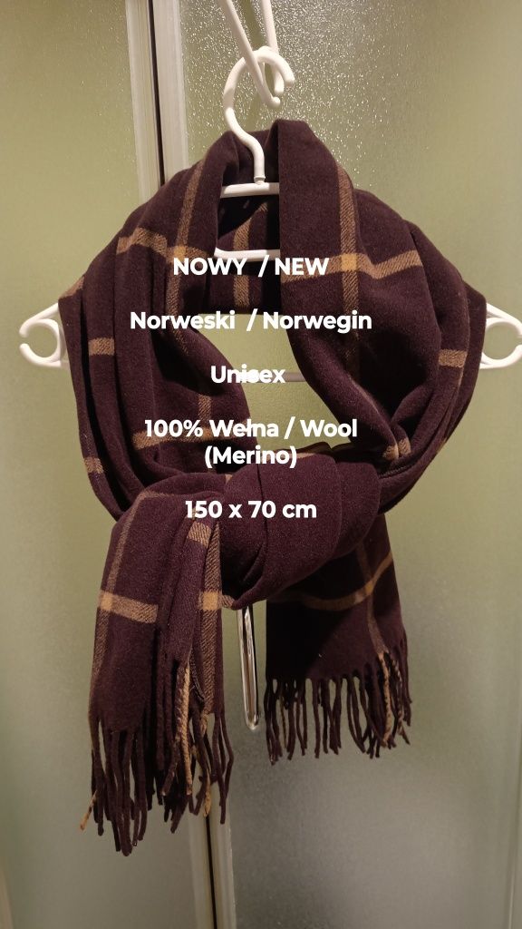 NOWY  Norweski elegancki duży szal wełniany / pled, Uniseks, 100% Wełn