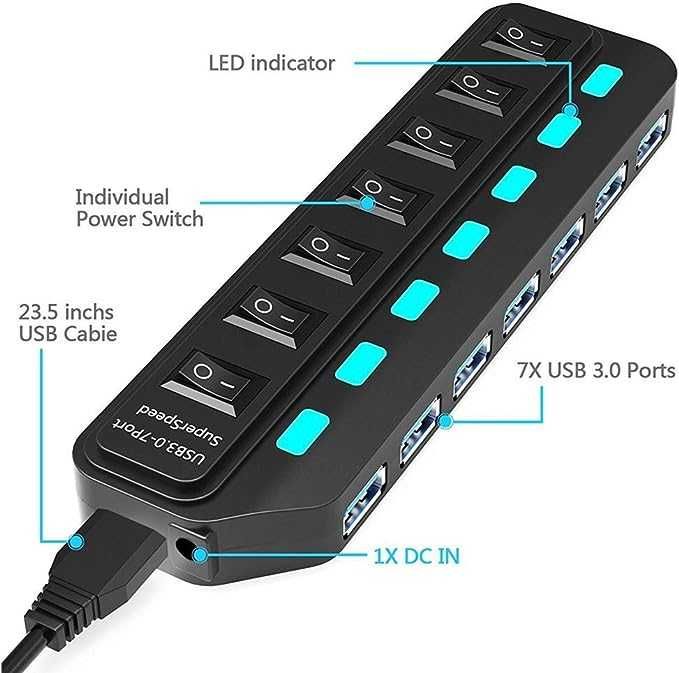 LITZEE Koncentrator USB 3.0 z zasilaczem,7 portów Superspeed USB Hub