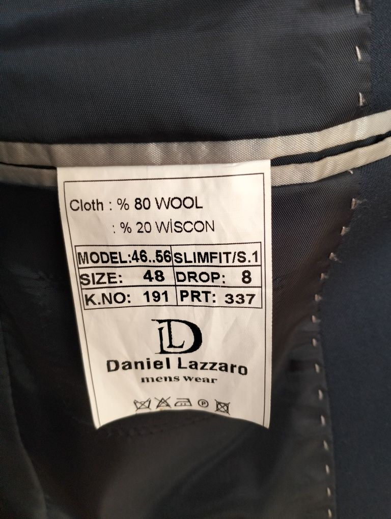 Daniel Lazzaro granatowy garnitur r. 48/M ok 180 cm + koszula