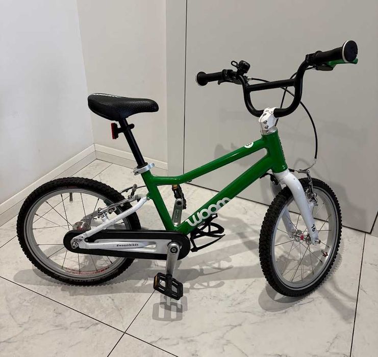 Rowerek Woom 3, koła 16", zielony + stopka + dzwonek + koszyk na bidon
