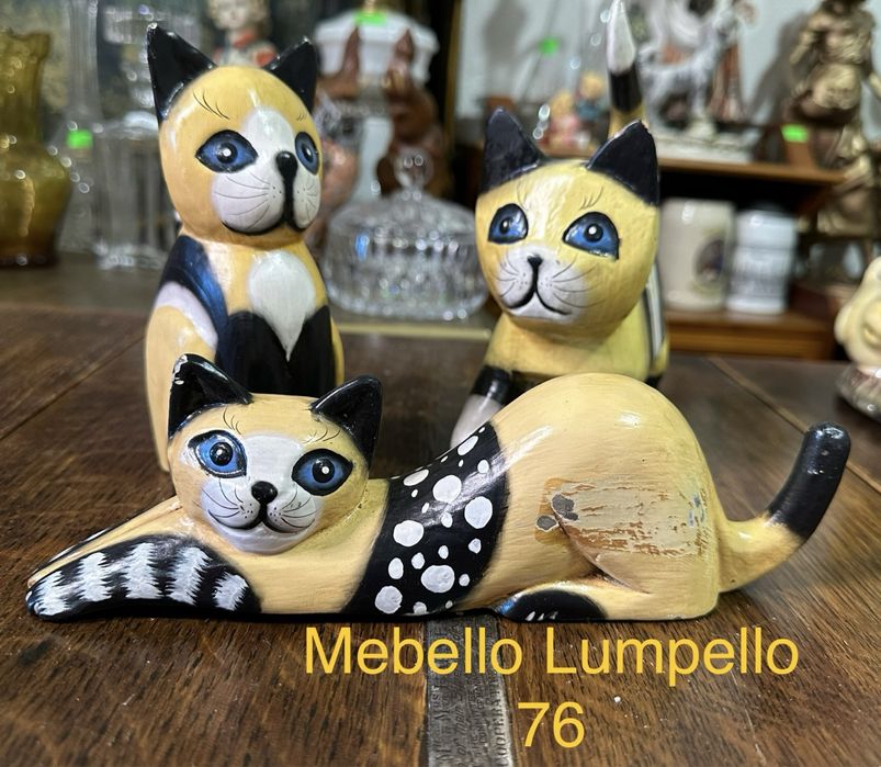 Figura Zestaw 3 szt figurka rzeźba kot koty drewniane dekoracja 76