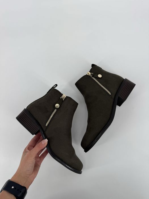 Botki sztyblety khaki zielone damskie buty eleganckie jesień 38 złote