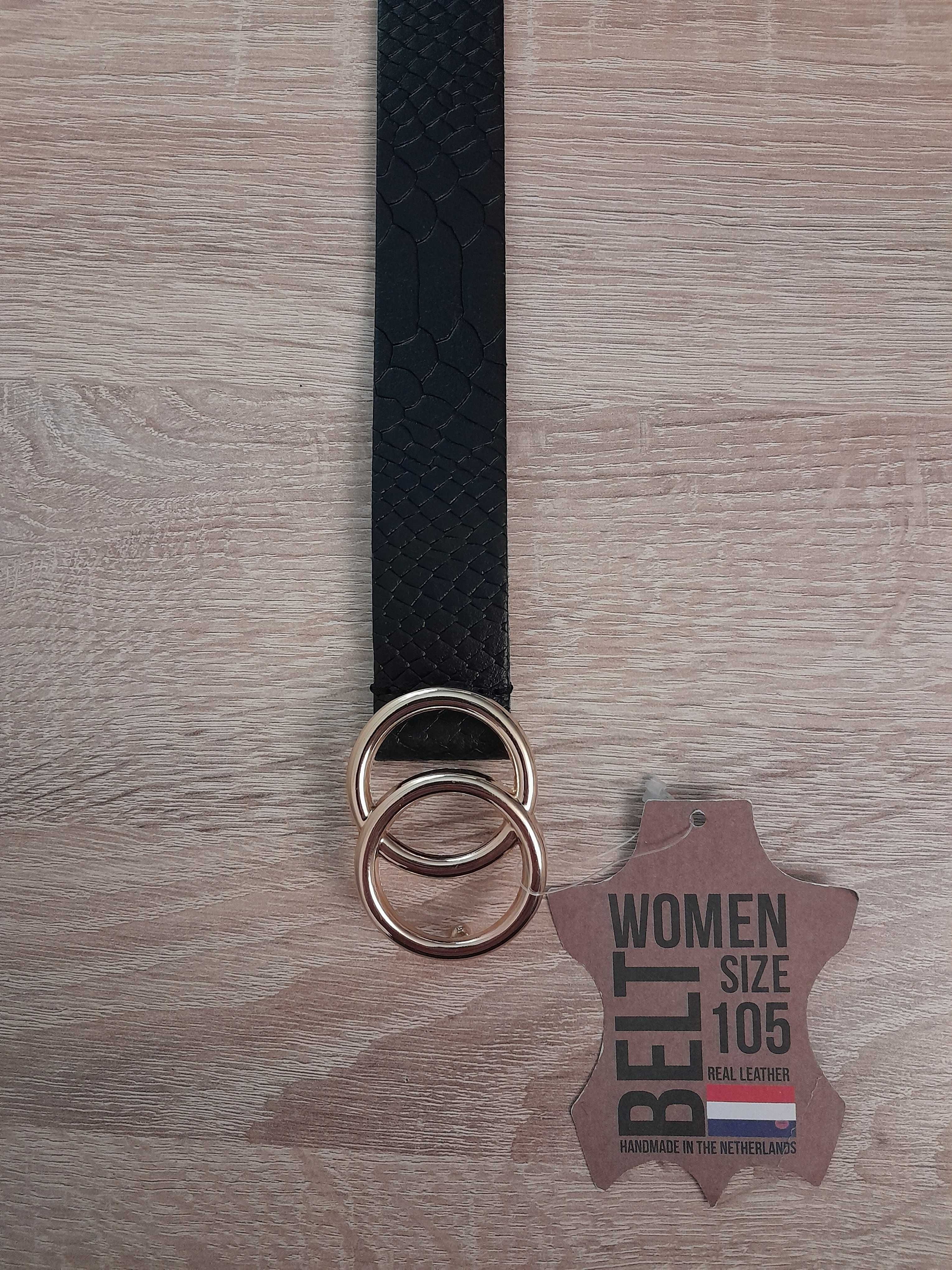 Nowy skórzany pasek damski, Fancy Style czarny_wzór_105 cm_kl. złota