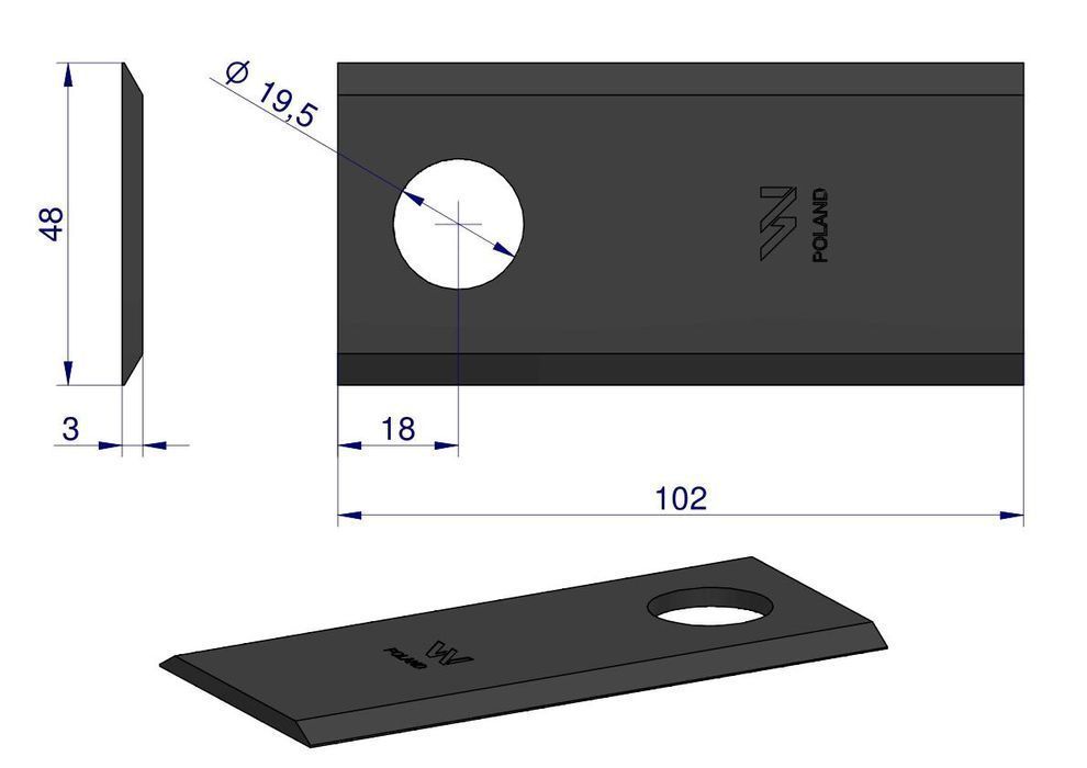 Nożyk kosiarka rotacyjna 102x48x3mm zastosowanie Samasz WARYŃSKI  25st