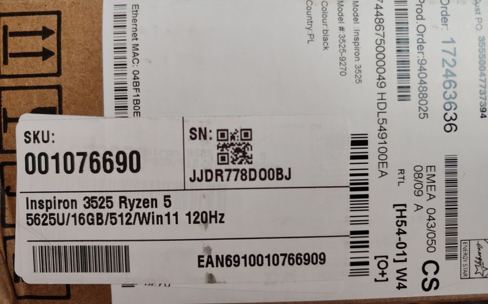 Dell Inspiron 3525 Ryzen 5 5625U 16/512Gb Win11 120Hz Black. Гарантія