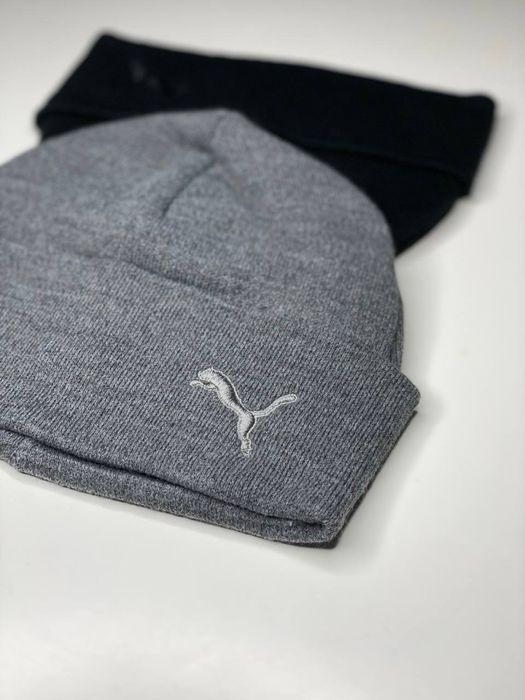 Мужская шапка Puma зимняя с флисом Пума с подворотом Серая/Черная Пума