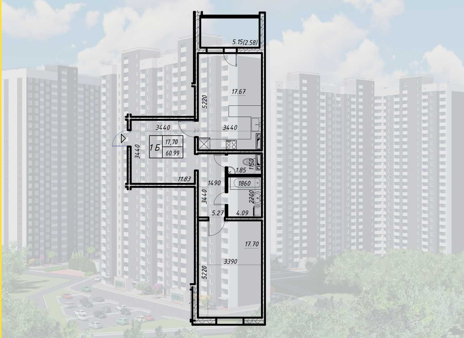 1х(61м) Навигатор 2/Коноплянская 22 с кухней 18 м дом 2