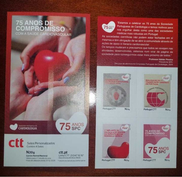 75 Anos Sociedade Portuguesa Cardiologia - bk CTT 4 selos auto adesivo