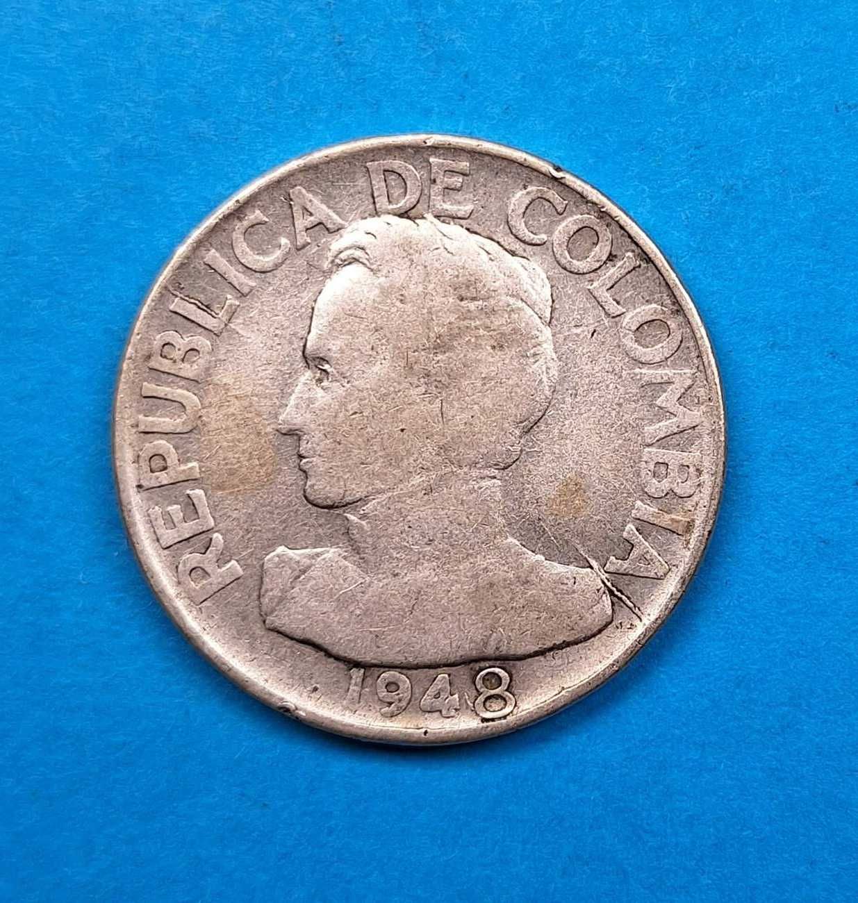 Kolumbia 50 centavos rok 1948, dobry stan, srebro 0,500