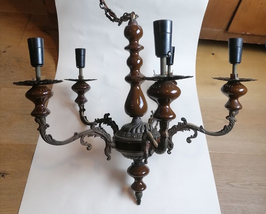 Lampa mosiężna 5-ramienna retro, oświetlenie w kamienicy