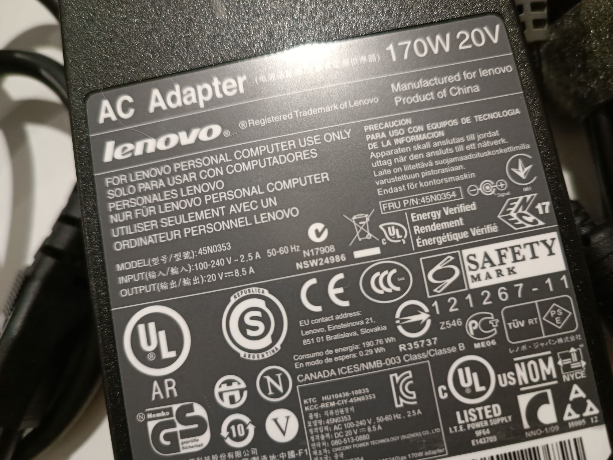 Nowy Oryginalny zasilacz Lenovo 20V 8,5A 170W wtyk 7,8x5,4mm +pin