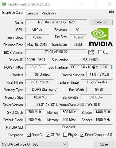 Видеокарта NVidia GeForce GT 620 (1 ГБ DDR3)
