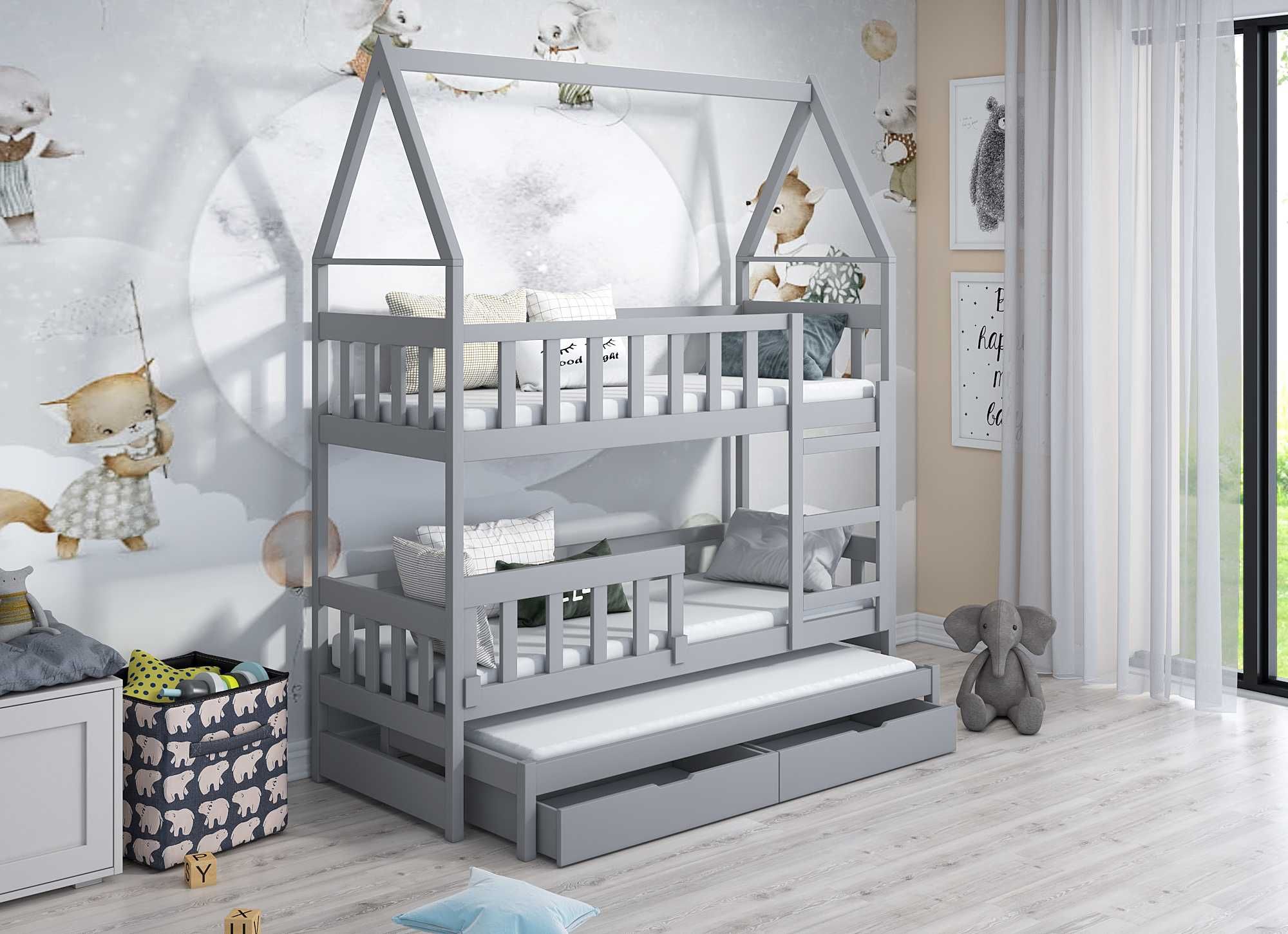 Łóżko piętrowe 3 osobowe dla dzieci DOMEK, materace 160x75 / 180x75