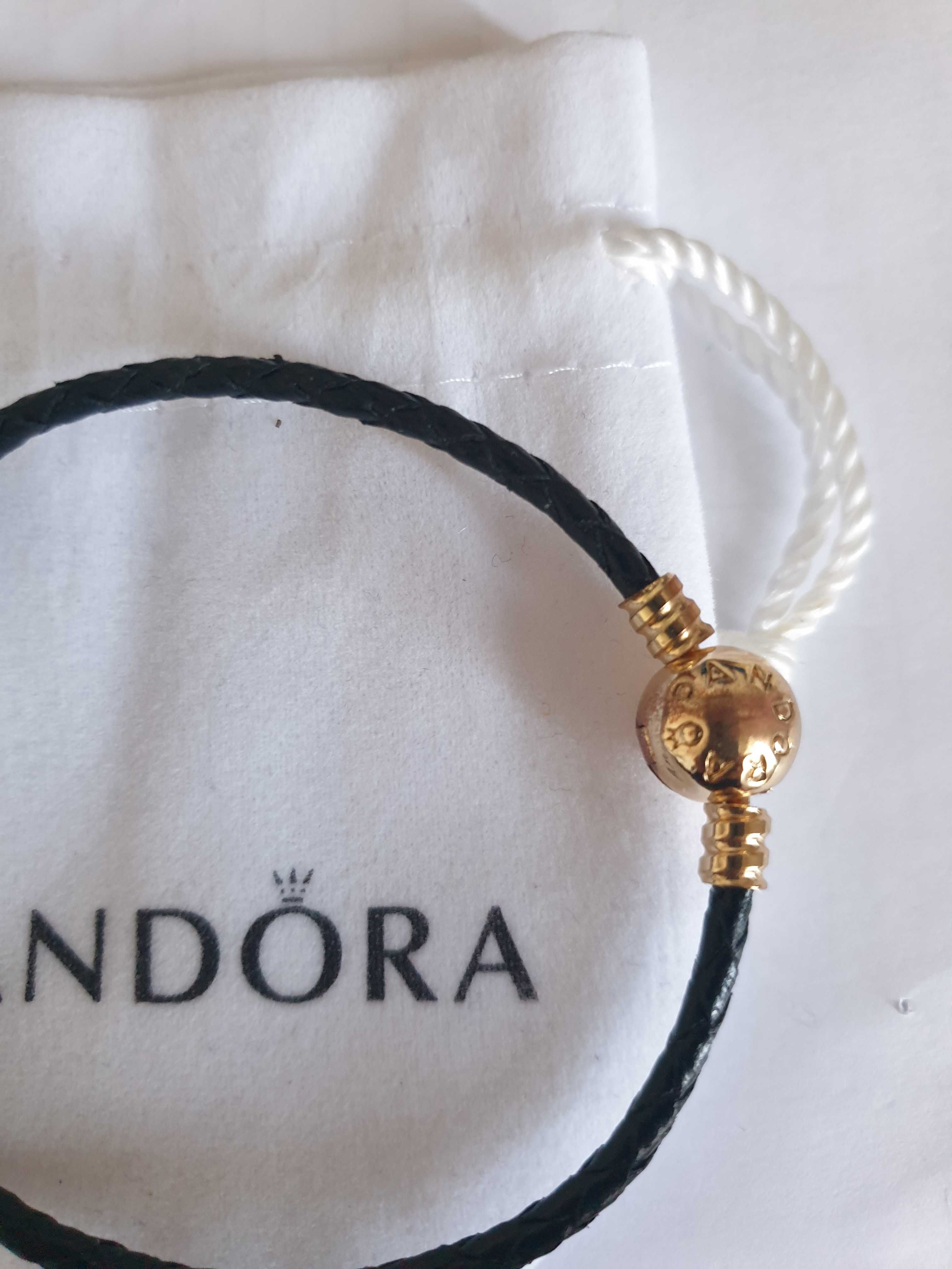 Pandora bransoletka skórzana srebro pozłacane 14k