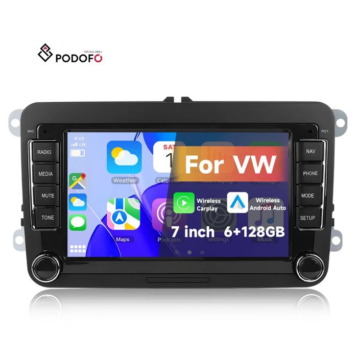 Rádio Android 15 7" VW/Seat/Skoda 6/128GB CarPlay/Auto S/Fios Wi-Fi BT