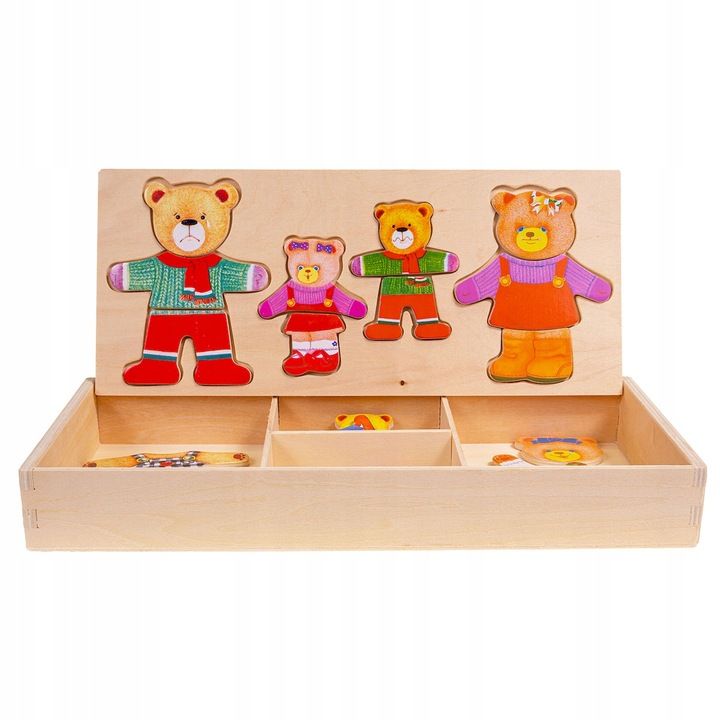 Układanka Drewniana Montessori 4 Misie Puzzle Emocje Ubrania Miny Sort