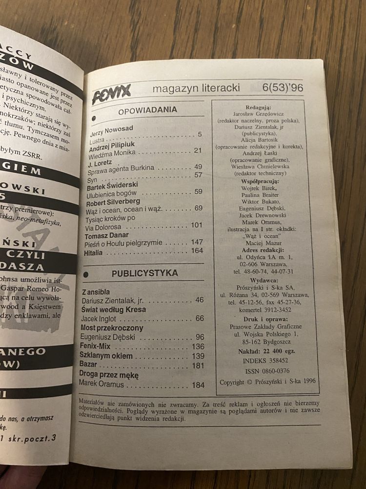 Czasopismo Fenix 6 (53) 1996 Robert Silverberg Andrzej Pilipiuk