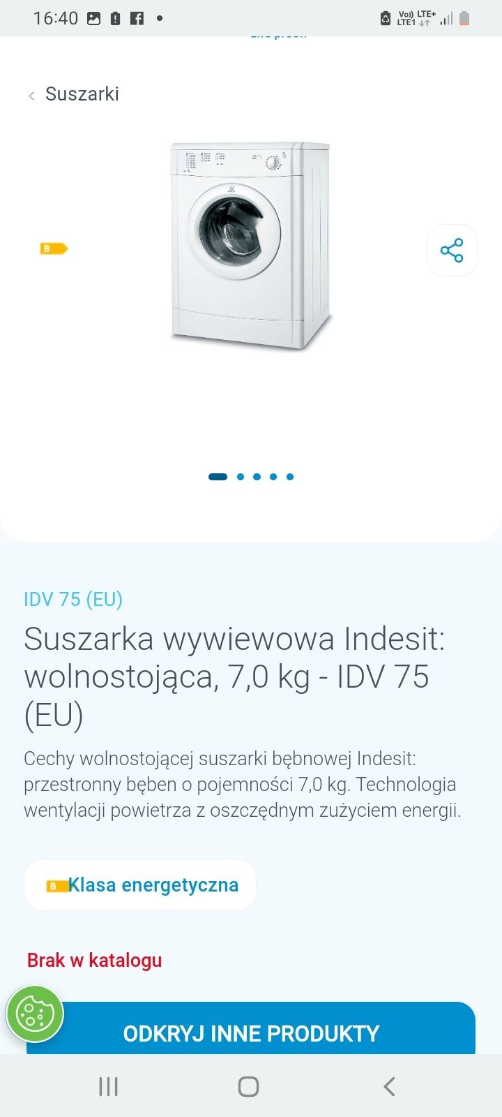 Suszarka wywiewowa Indesit: wolnostojąca, 7,0 kg - IDV 75 (EU)