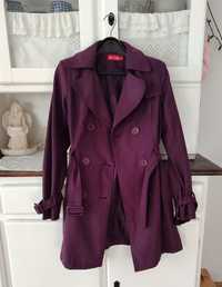 Wiosenny fioletowy płaszcz 36 S Chic & Jeune wiązany trencz