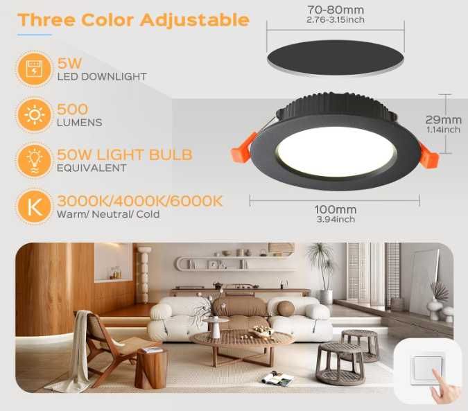 Halogeny sufitowe LED (5 sztuk) trzykolorowa barwa światła