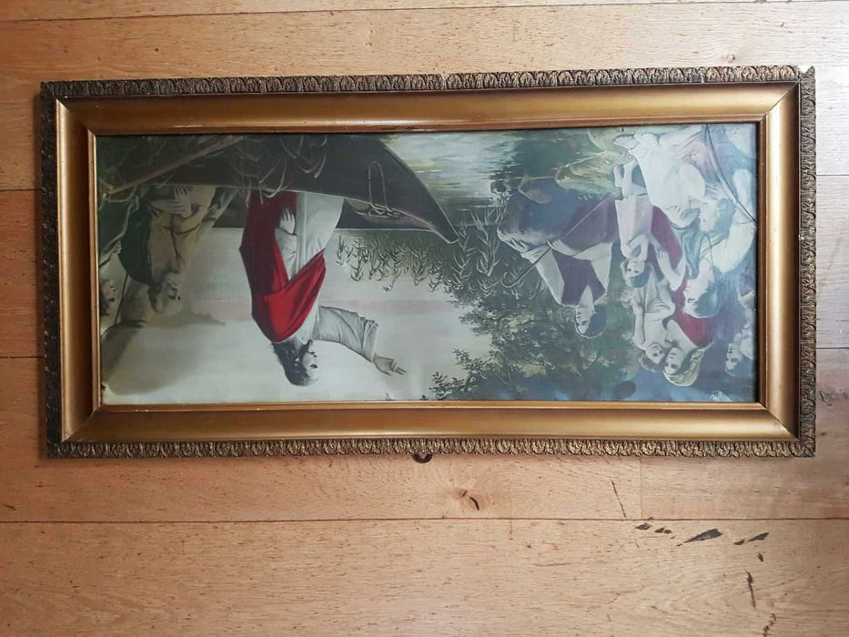 Obraz stara reprodukcja JEZUS NA ŁODZI w złotej ramie za szybą 86x43cm