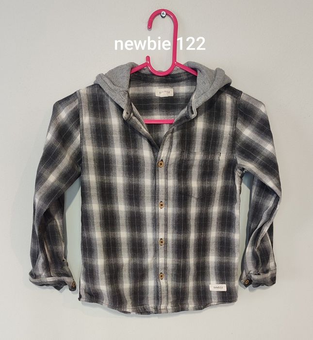 Koszula flanelowa w szara kratę długi rękaw kaptur newbie 122 święta