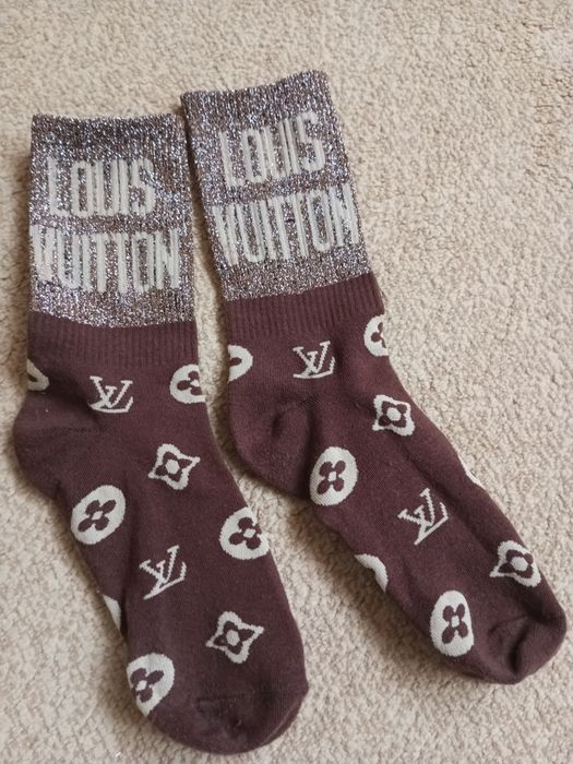 Skarpety skarpetki damskie wzór Louis Vuitton brązowe z brokatem