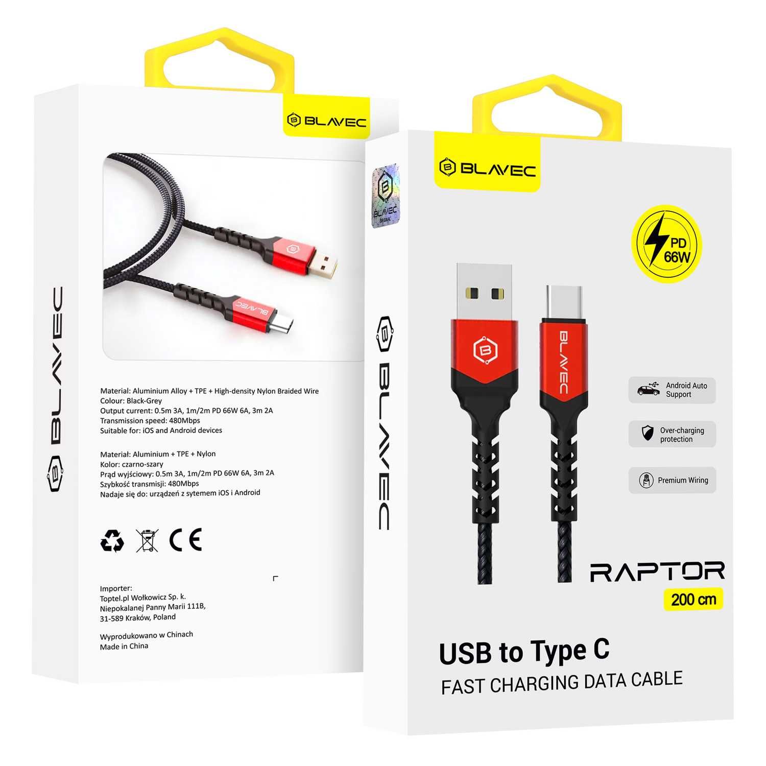 Kabel Raptor pleciony - USB na Typ C - PD 66W 6A 2 metry