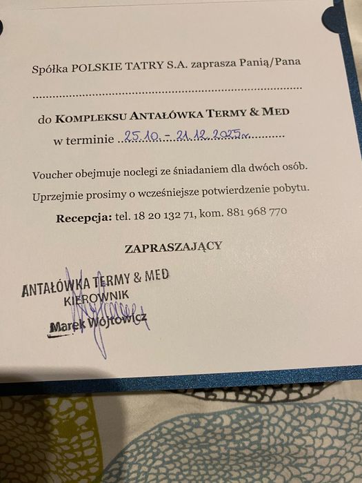 Sprzedam voucher do hotelu Antałówka Termy and Med w Zakopanem.