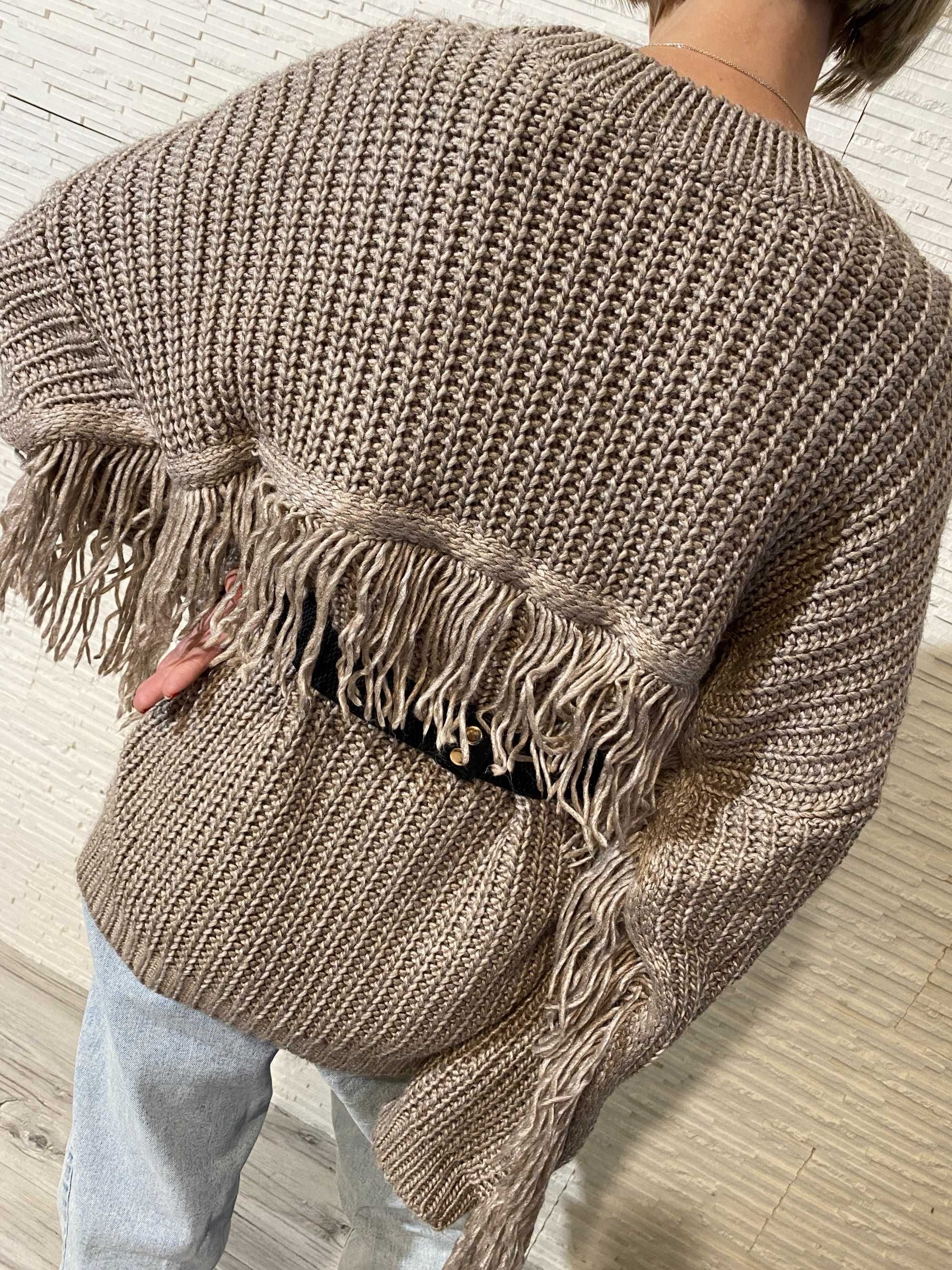 LOCI nowy sweter Frędzle -  wełna - splot - oversize beżowy Uni
